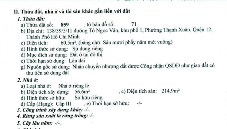 Chính Chủ Cần Bán nhanh căn nhà vị trí đẹp tại quận 12,  TPHCM